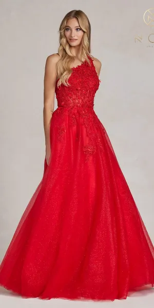 Nox Anabel T1143 Long A-Line Tulle One Shoulder Dress with Corset Bodice