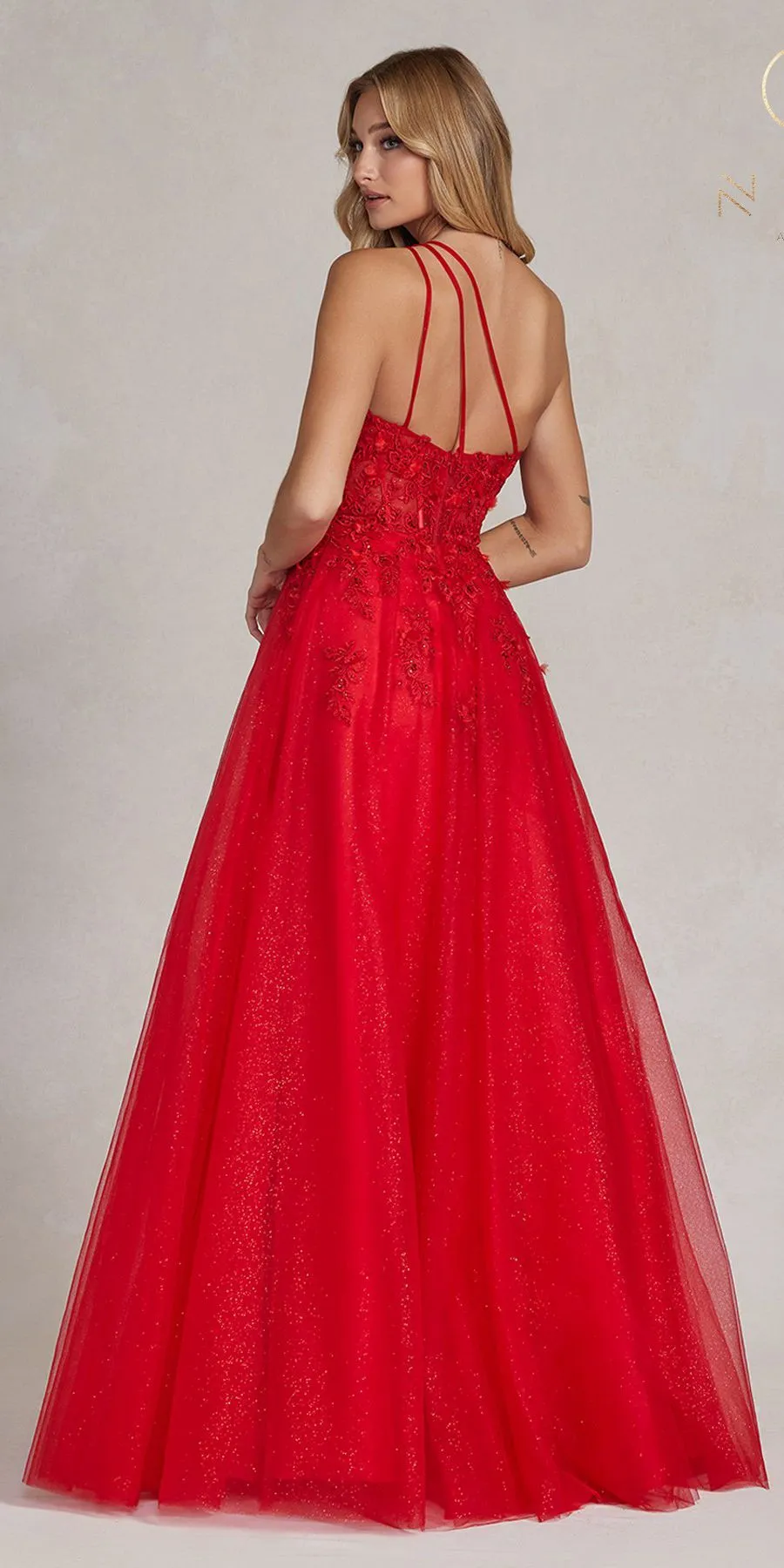 Nox Anabel T1143 Long A-Line Tulle One Shoulder Dress with Corset Bodice