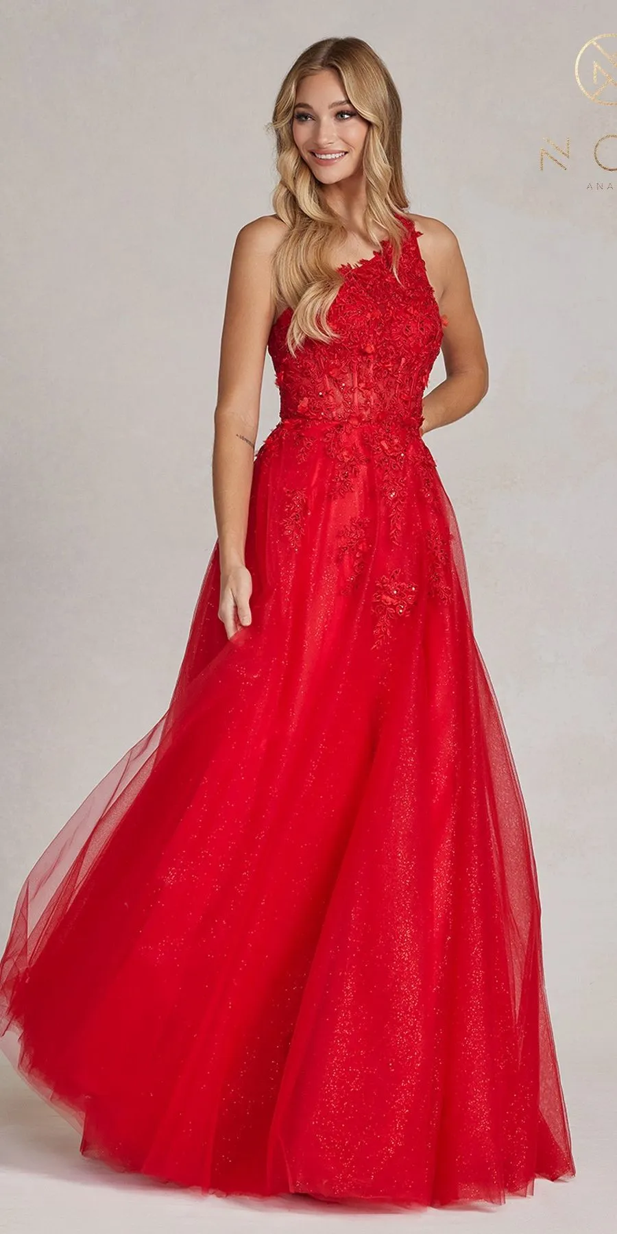 Nox Anabel T1143 Long A-Line Tulle One Shoulder Dress with Corset Bodice