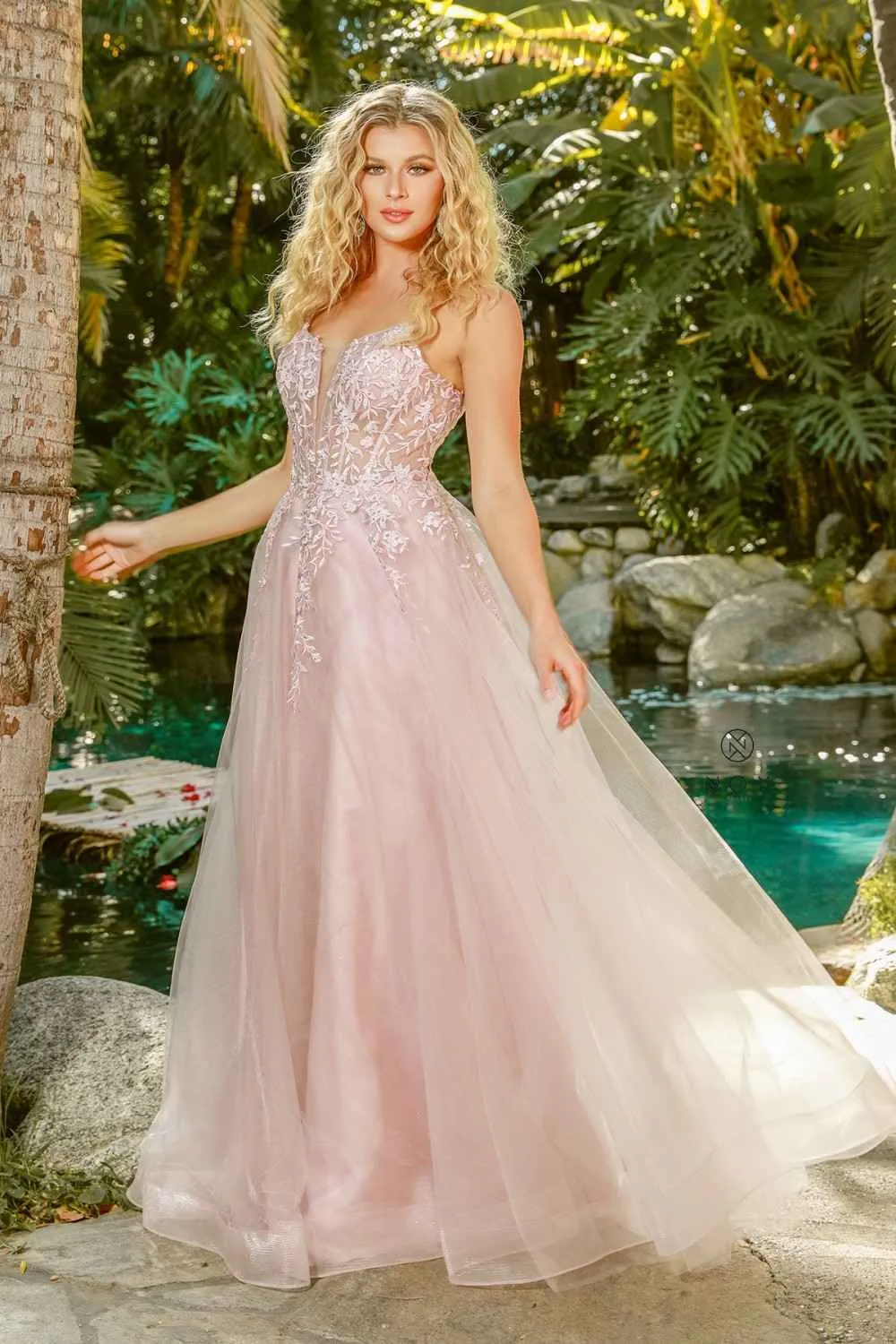 Nox Anabel T449 Floral Embellished Beaded Bodice A-Line Gown