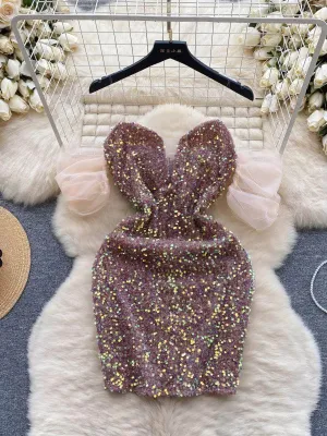 Off-Shoulder Mesh Accented Sequin Mini Party Dress