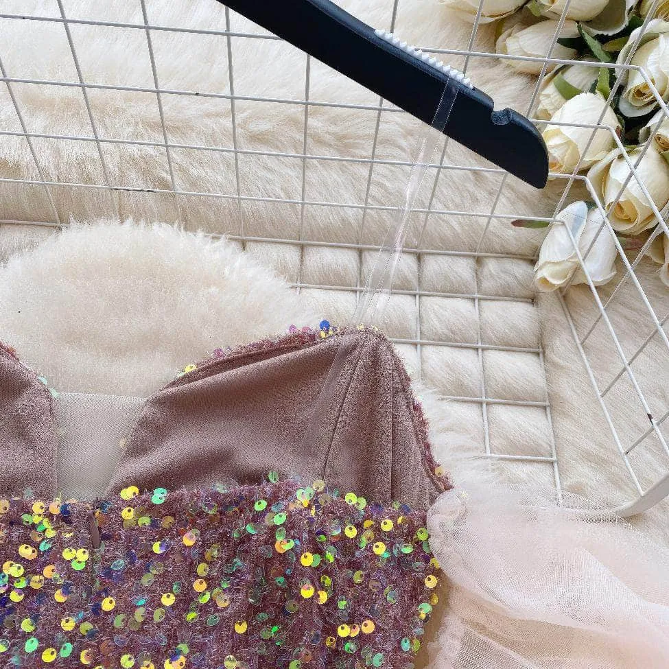 Off-Shoulder Mesh Accented Sequin Mini Party Dress