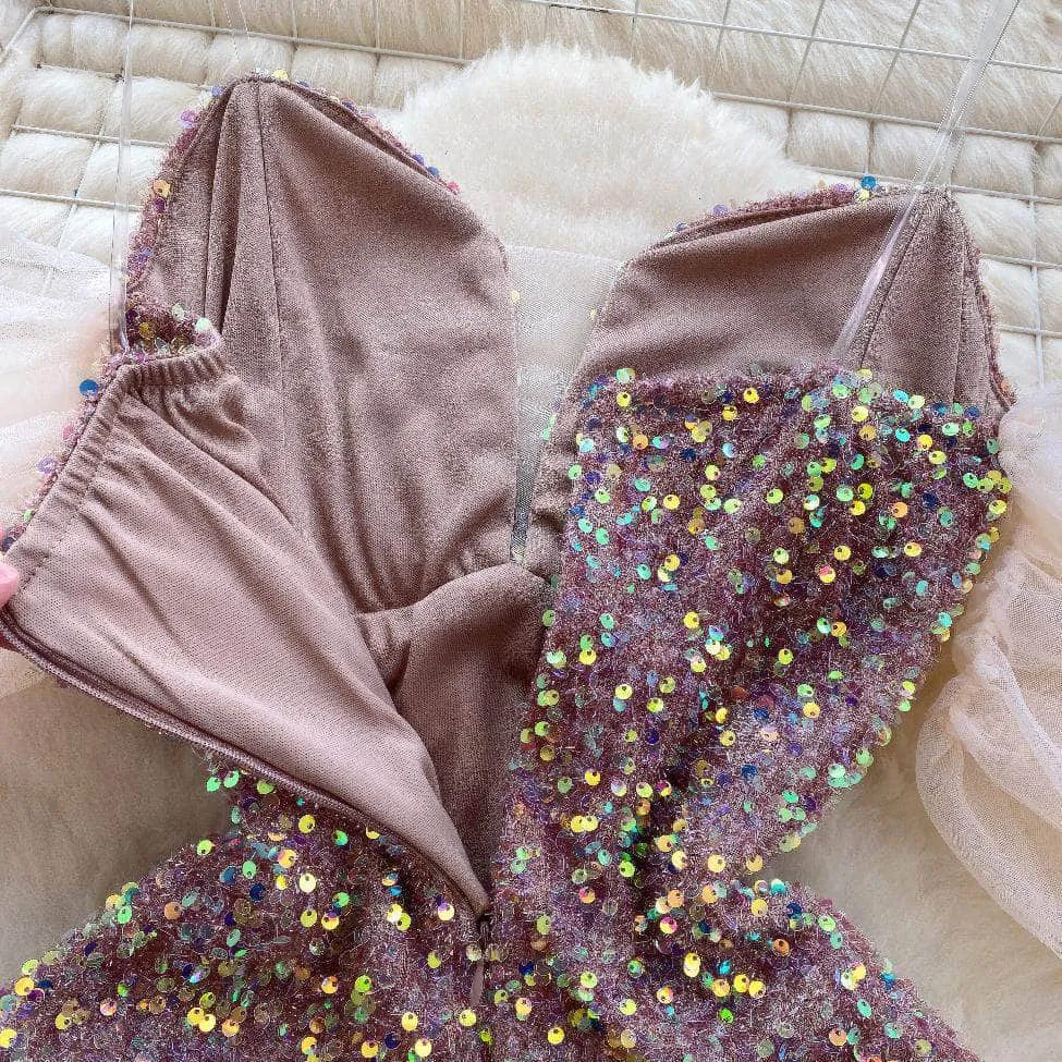 Off-Shoulder Mesh Accented Sequin Mini Party Dress