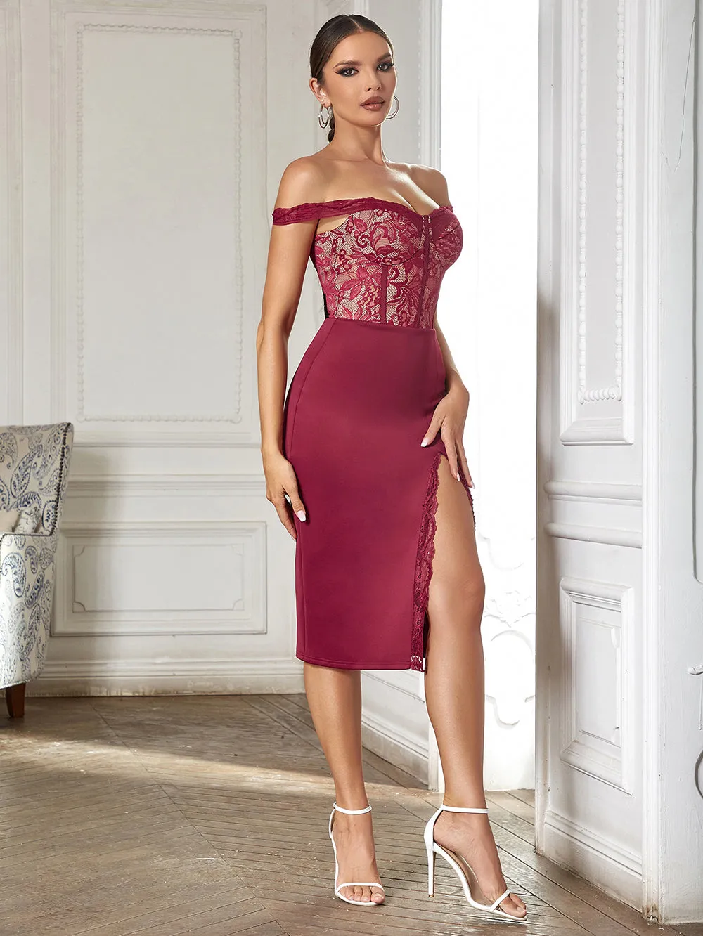 Off Shoulder Sleeveless Lace Midi Bodycon Dress HB0343