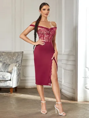Off Shoulder Sleeveless Lace Midi Bodycon Dress HB0343