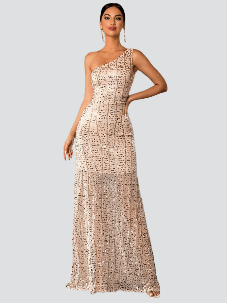 One Shoulder Sequins Maxi Prom Dress M0859
