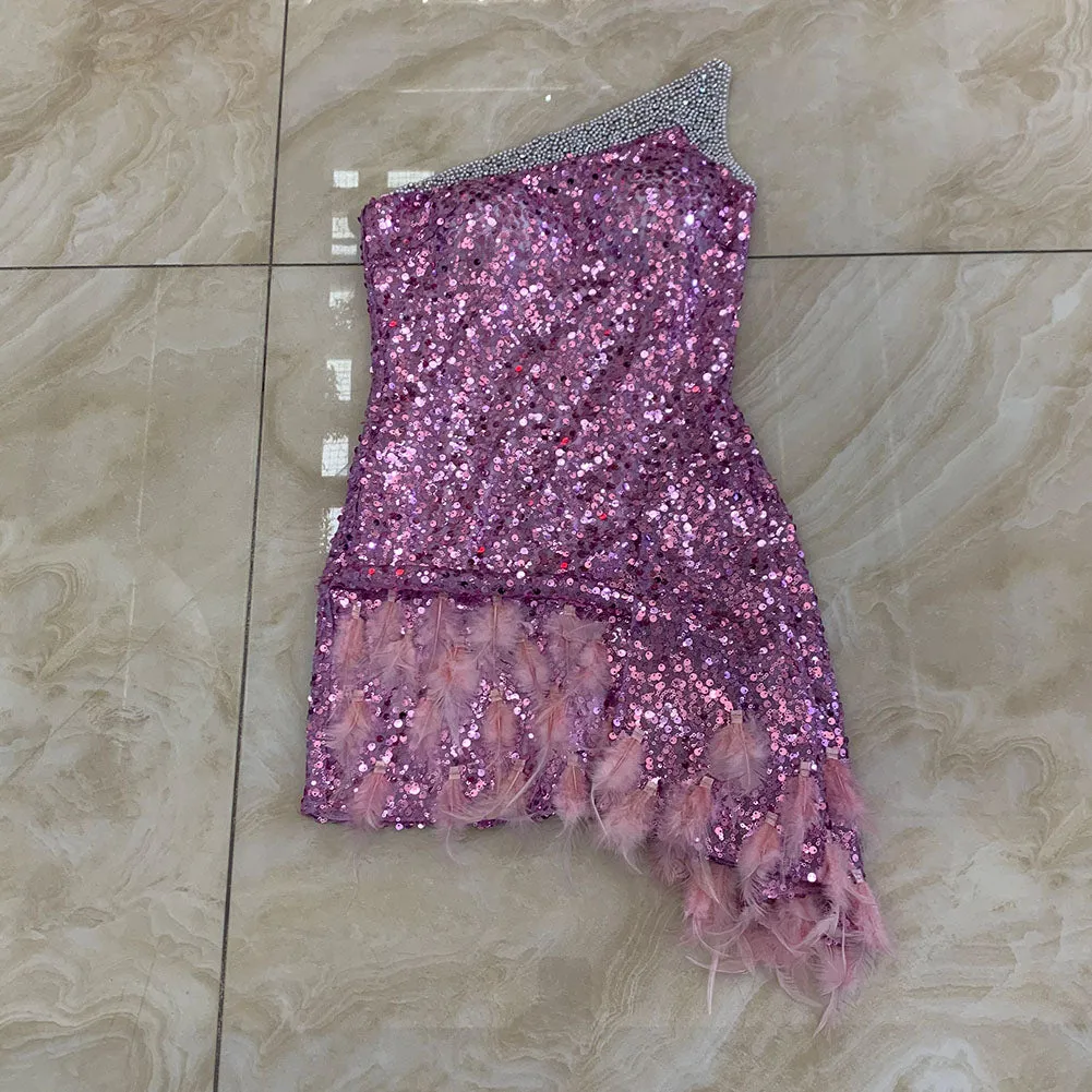 One Shoulder Sleeveless Sequins Mini Bodycon Dress HT2988