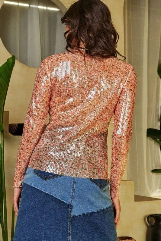 Orange Sequin Mock Neck Long Sleeve Mesh Top