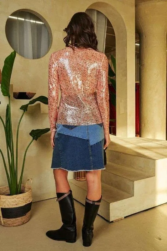 Orange Sequin Mock Neck Long Sleeve Mesh Top