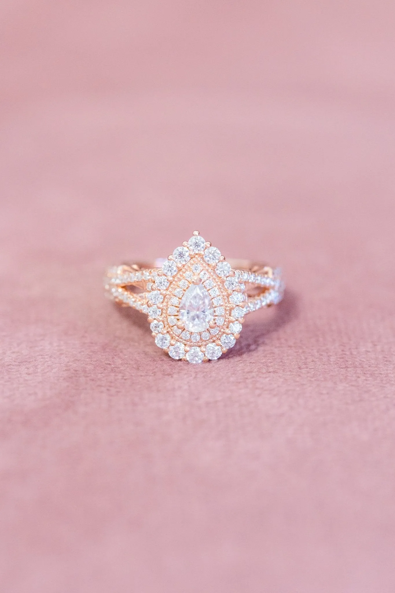 Pear Natural Diamond Double Halo Split Shank Ring