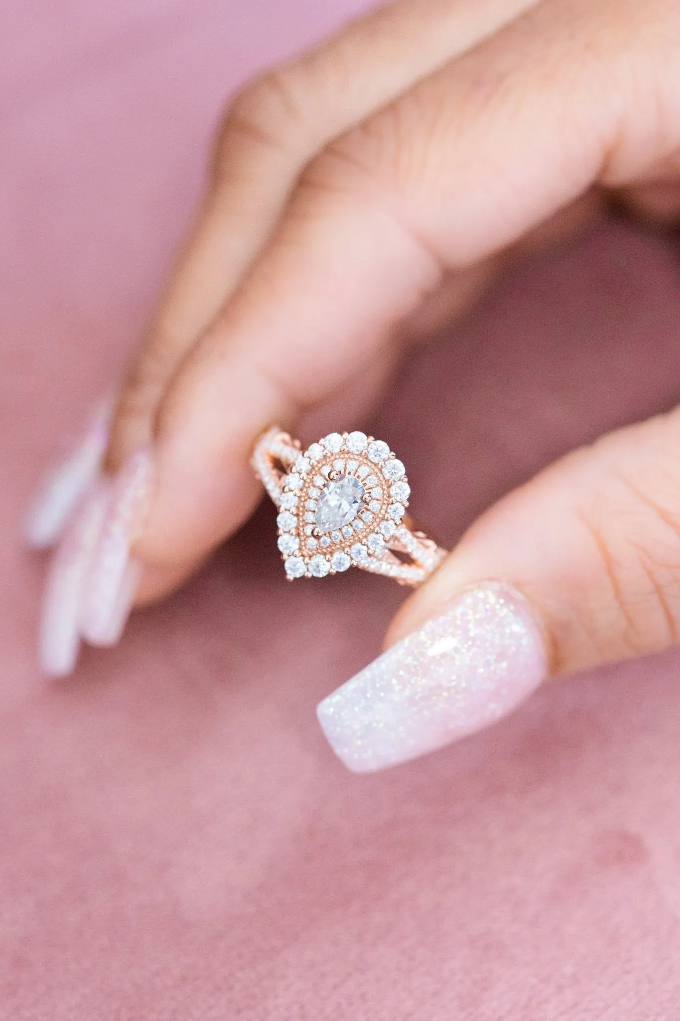 Pear Natural Diamond Double Halo Split Shank Ring