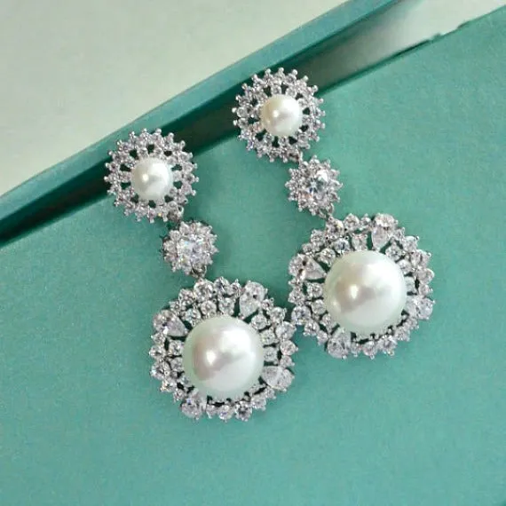 Pearl CZ Crystal Art Deco Bridal Earrings, Cubic Zirconia Pearl Chandelier Wedding Earrings, Pearl Drop Statement Earrings, Bridesmaids Gift