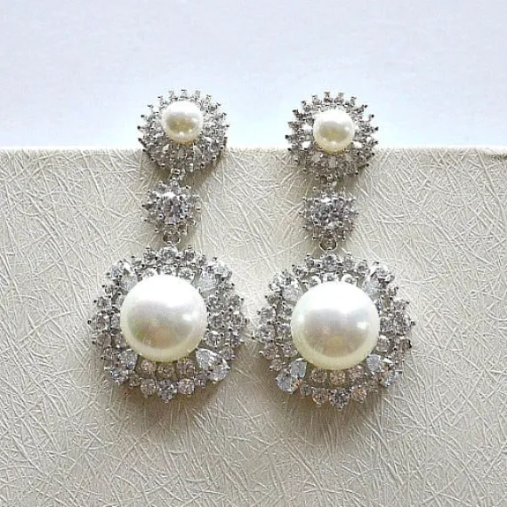 Pearl CZ Crystal Art Deco Bridal Earrings, Cubic Zirconia Pearl Chandelier Wedding Earrings, Pearl Drop Statement Earrings, Bridesmaids Gift