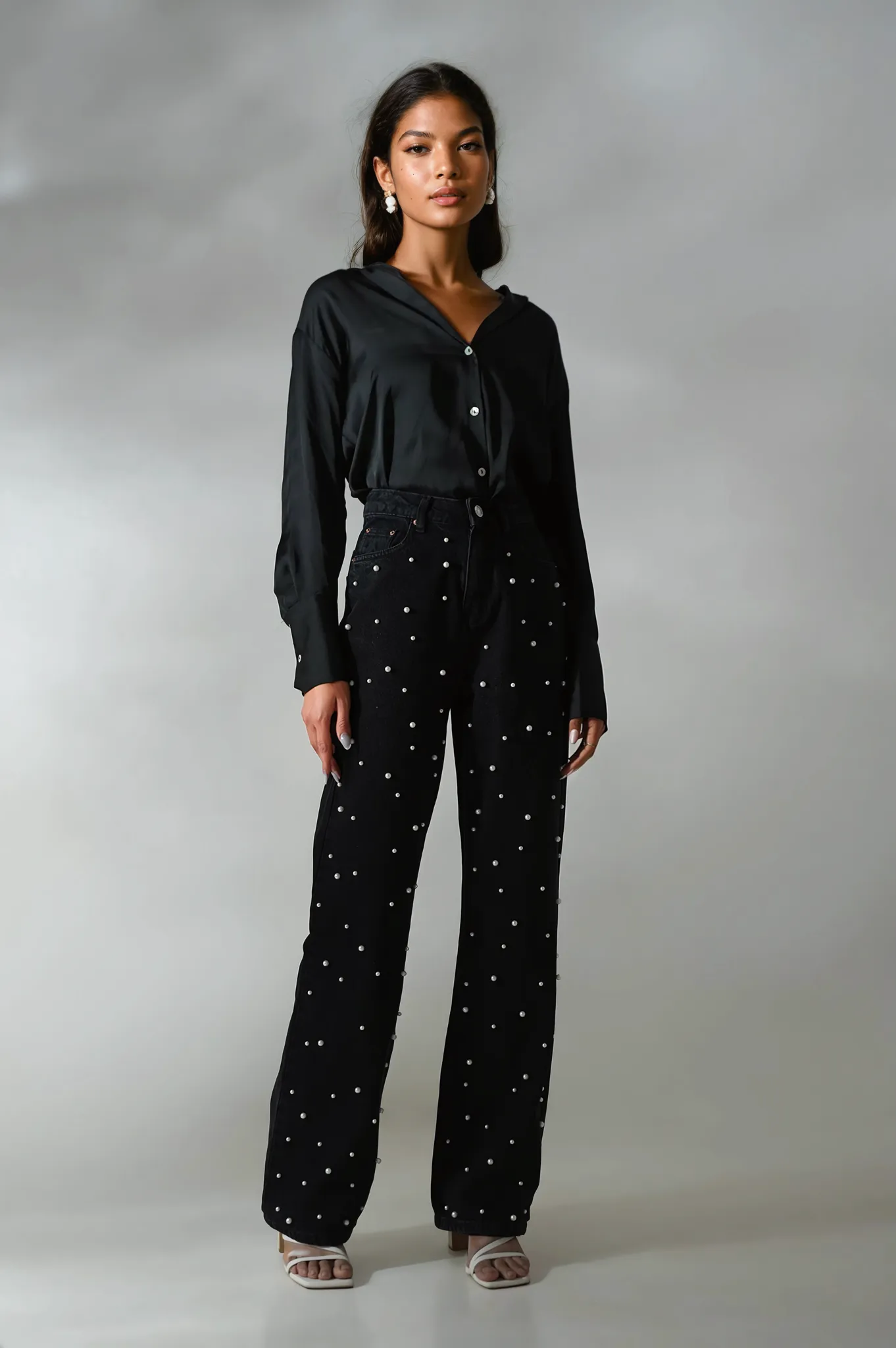 Pearl Studded Wide Leg Jeans - Black