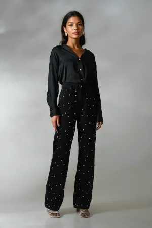 Pearl Studded Wide Leg Jeans - Black