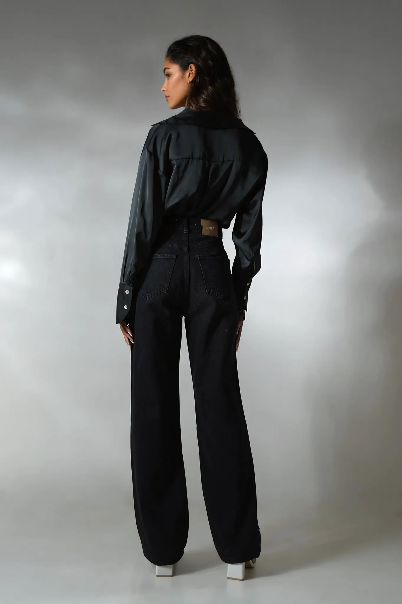 Pearl Studded Wide Leg Jeans - Black