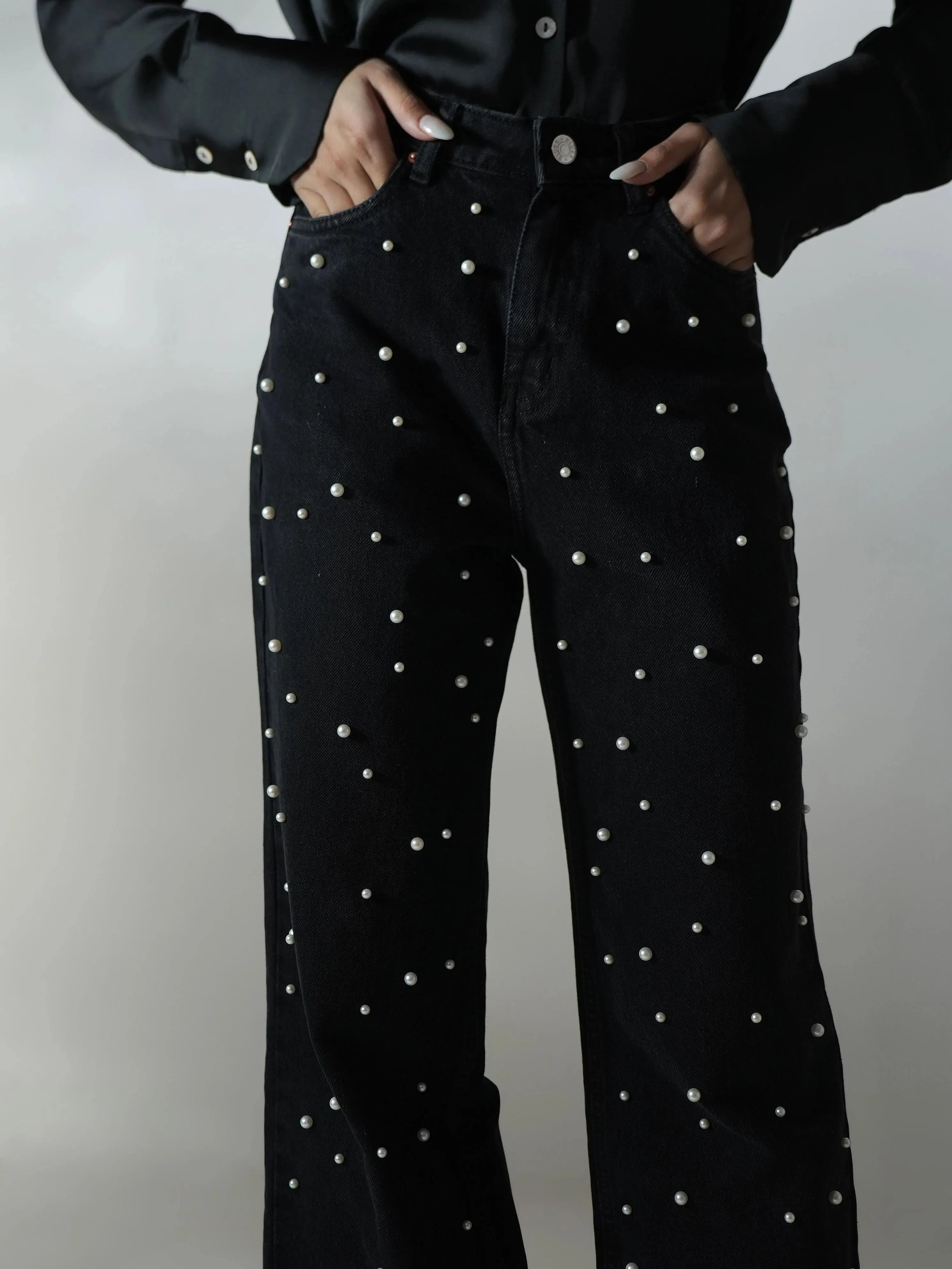 Pearl Studded Wide Leg Jeans - Black