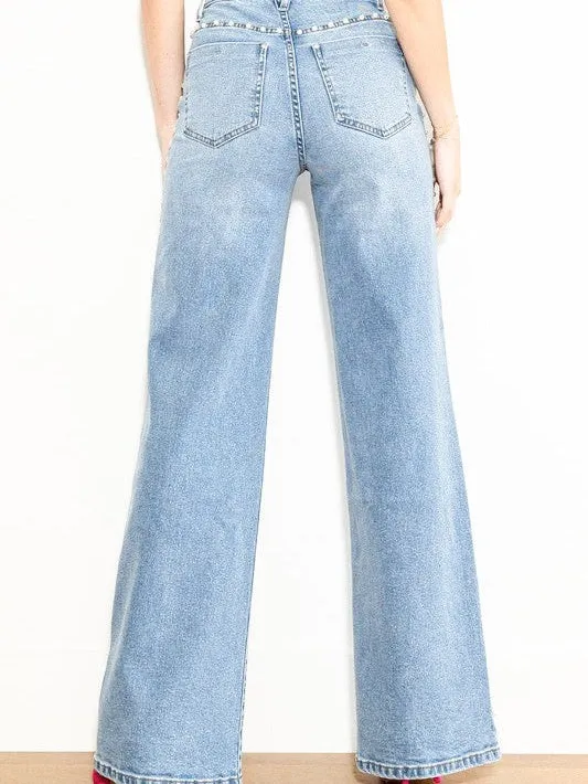 Pearl Studded Wide Leg Jeans - Ice Blue