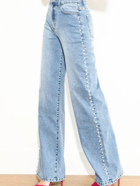 Pearl Studded Wide Leg Jeans - Ice Blue