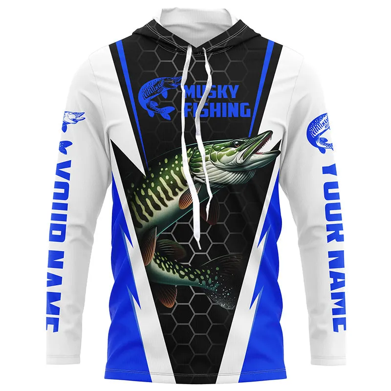 Personalized Musky Fishing Long Sleeve Tournament Fishing Shirts, Musky Fishing Jerseys |Blue IPHW6143
