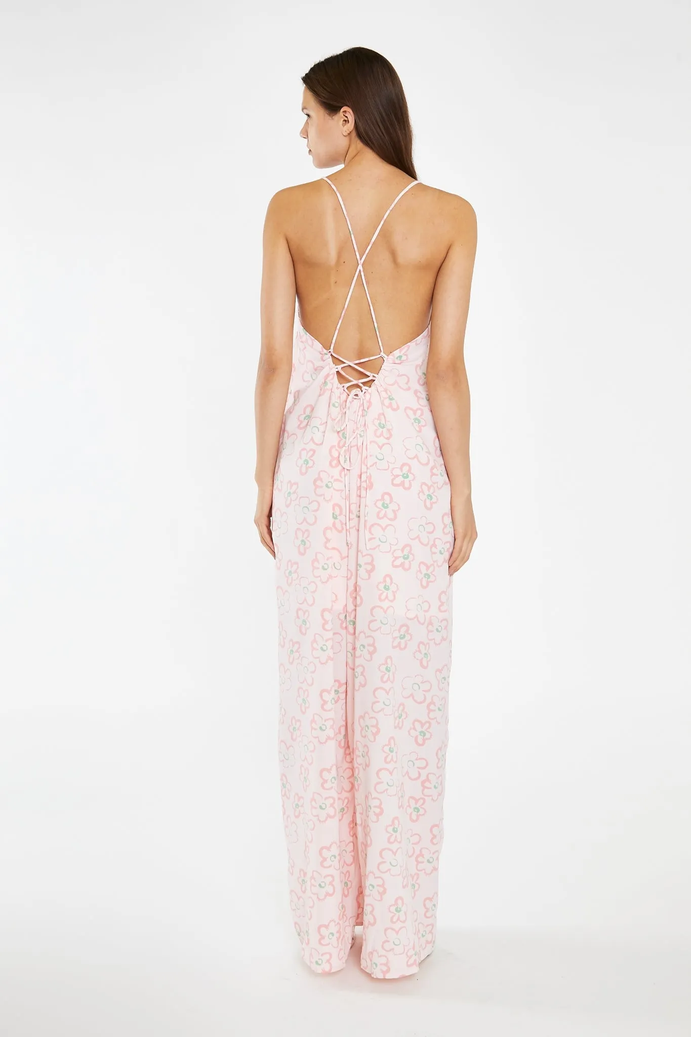 Pink Painted-Daisy Loose-Fit Lace-Up Jumpsuit