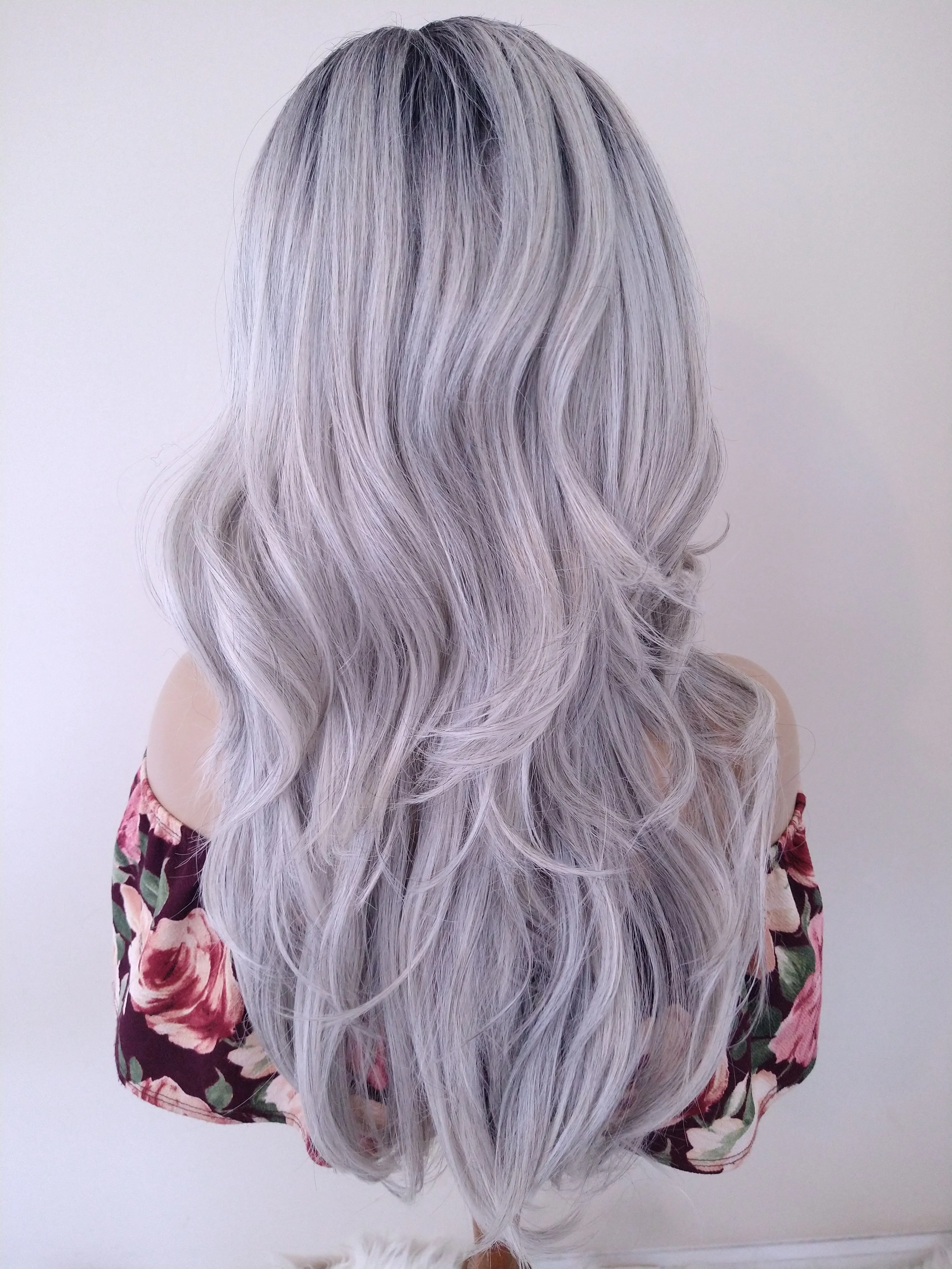 Platinum Sliver Wavy Lace Front Wig Ombre Gray Wig For Women Long Synthetic Wig Halloween Cosplay Party Wigs Glory Tress - Silver Queen