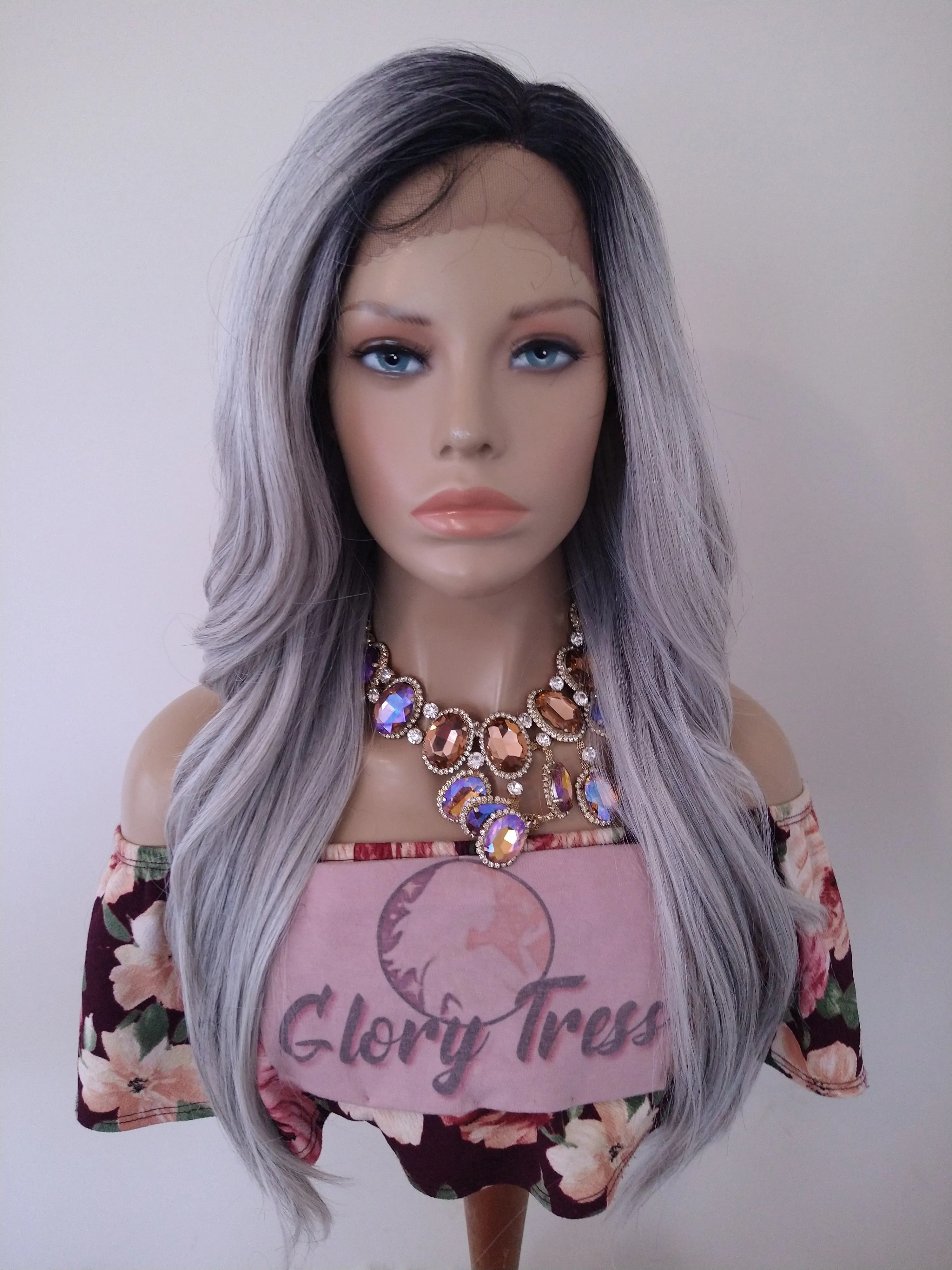 Platinum Sliver Wavy Lace Front Wig Ombre Gray Wig For Women Long Synthetic Wig Halloween Cosplay Party Wigs Glory Tress - Silver Queen