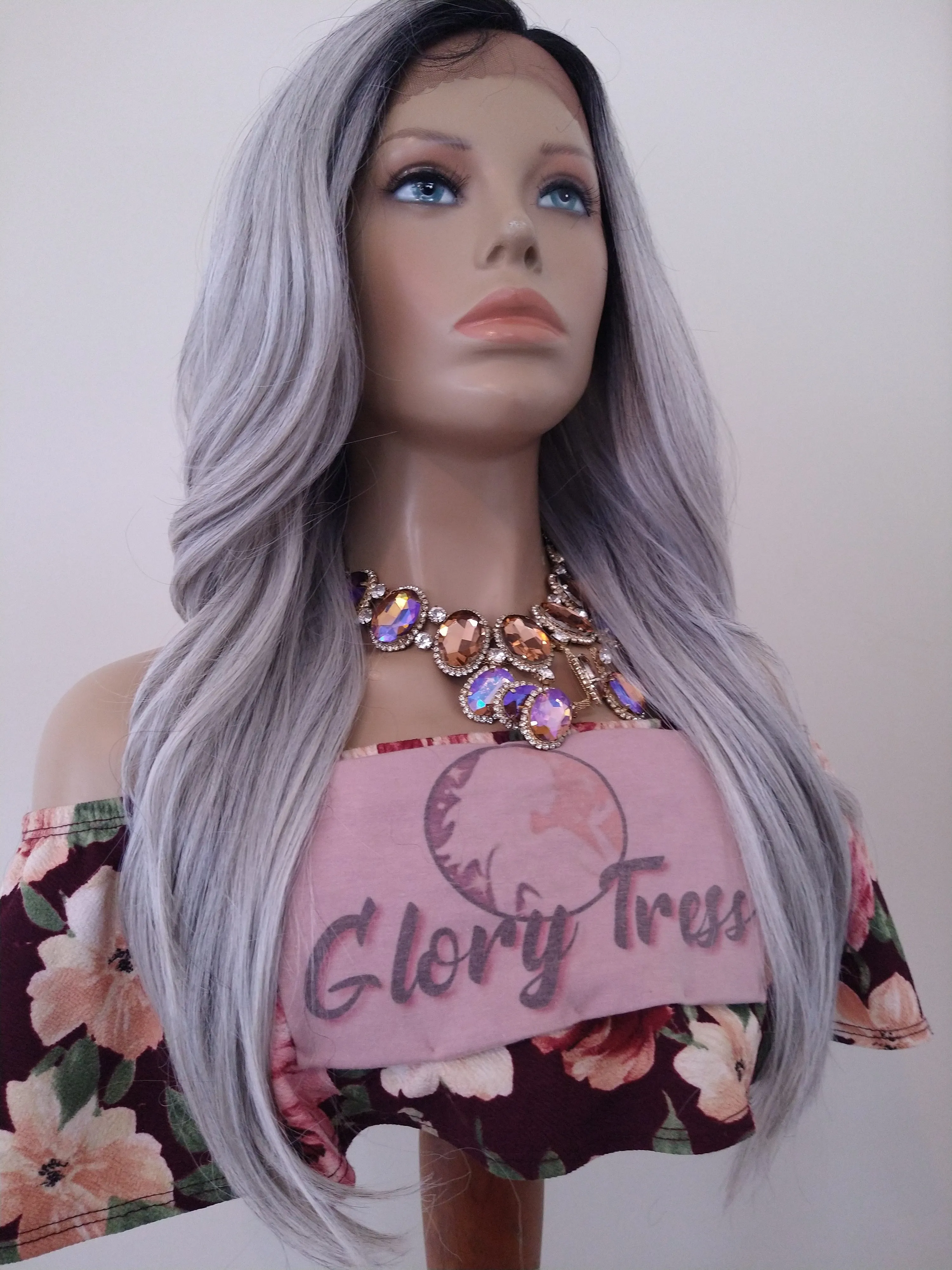 Platinum Sliver Wavy Lace Front Wig Ombre Gray Wig For Women Long Synthetic Wig Halloween Cosplay Party Wigs Glory Tress - Silver Queen