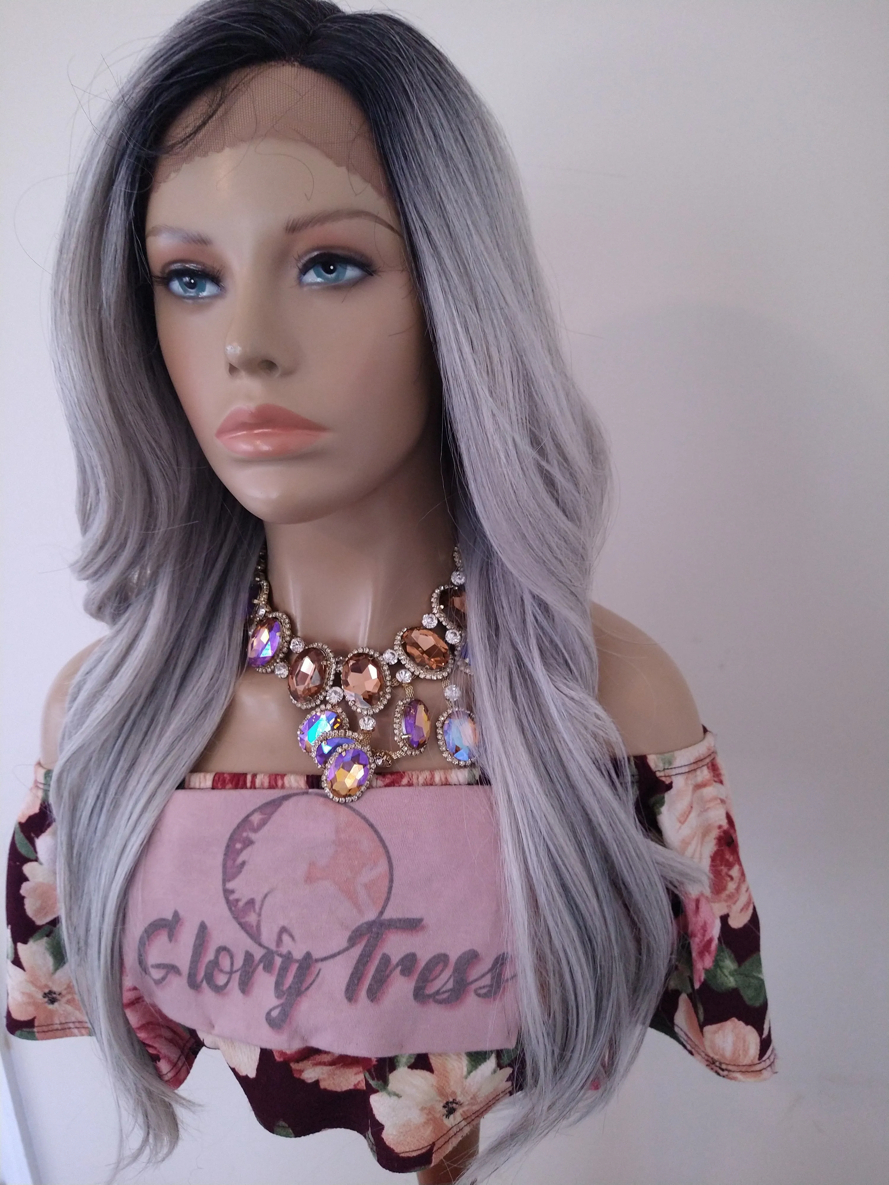 Platinum Sliver Wavy Lace Front Wig Ombre Gray Wig For Women Long Synthetic Wig Halloween Cosplay Party Wigs Glory Tress - Silver Queen