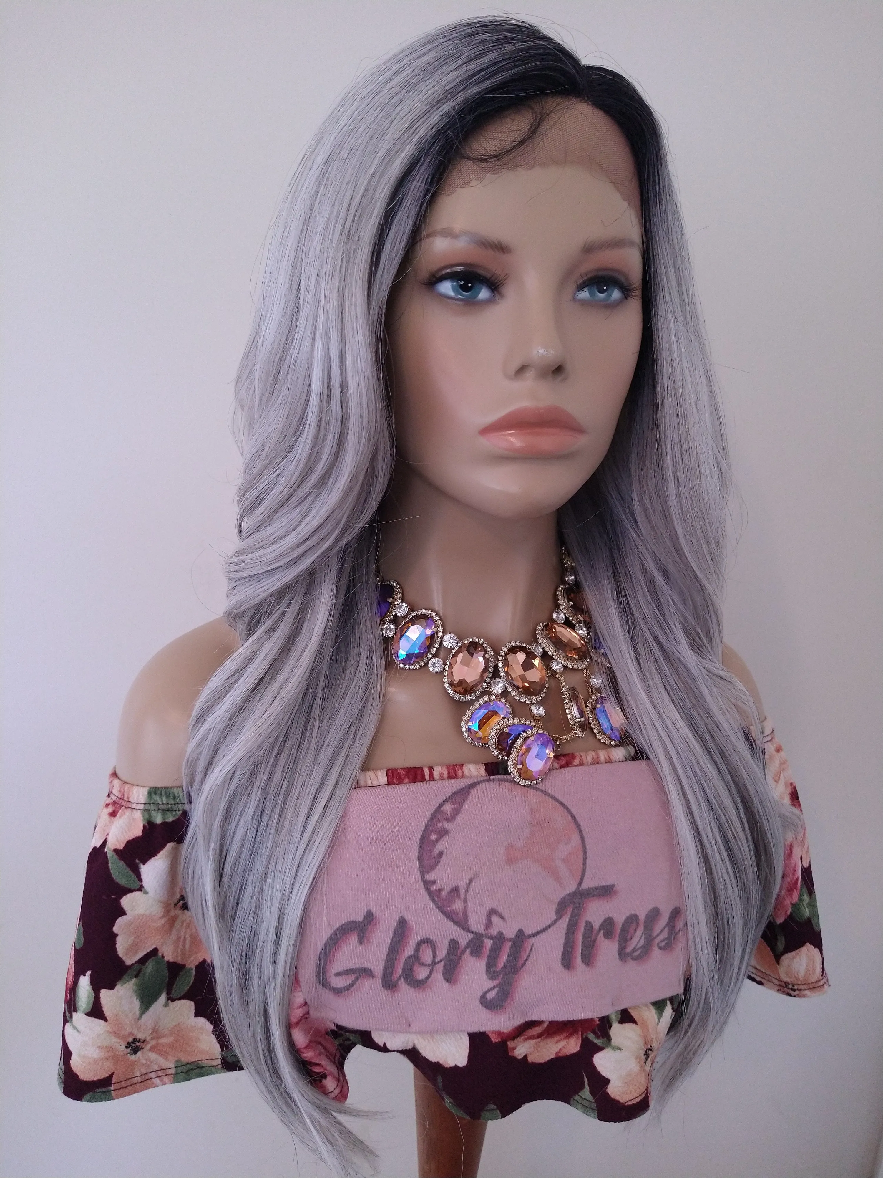 Platinum Sliver Wavy Lace Front Wig Ombre Gray Wig For Women Long Synthetic Wig Halloween Cosplay Party Wigs Glory Tress - Silver Queen
