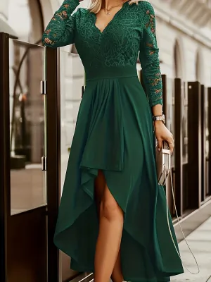 Plus Size Glamorous Bridesmaid Dress - Flattering Lace Detail, Long Sleeve V-Neck, High-Low Evening Gown for Formal Parties