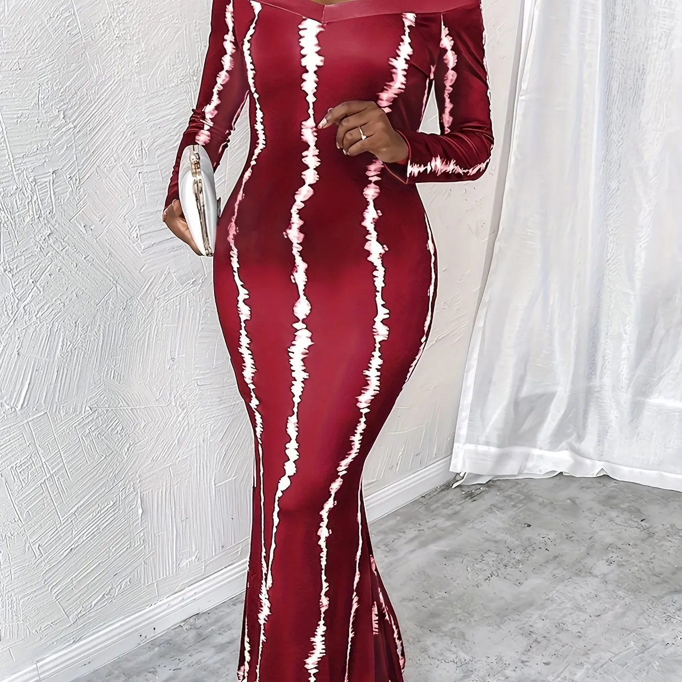 Plus Size Glamorous Maxi Dress - Fashionable Stripe Print, Flirty Off-Shoulder, Flowing Long Sleeves, Showstopping Mermaid Hem - Designed for Plus Size Women