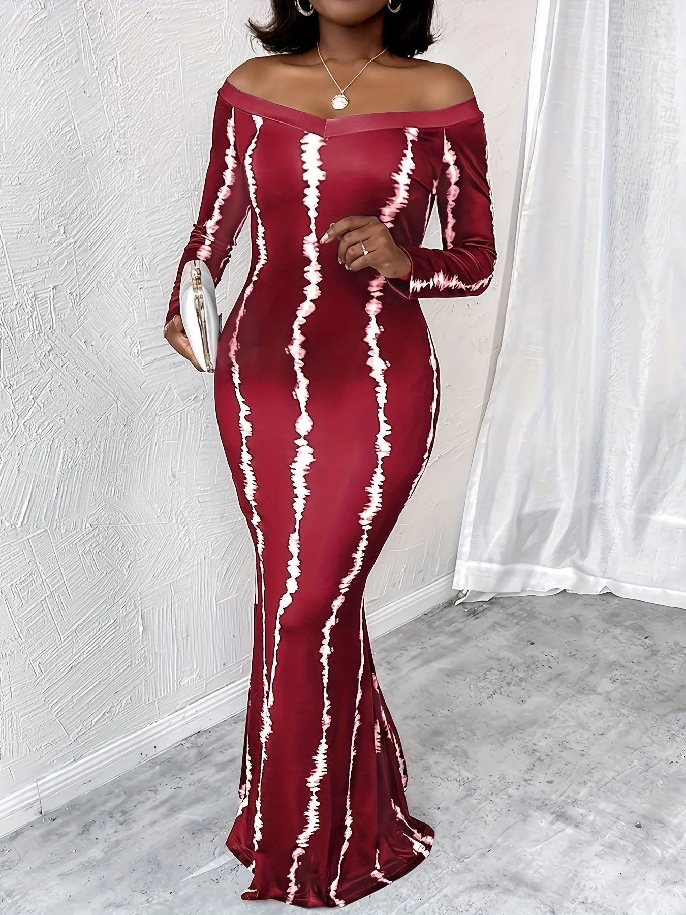 Plus Size Glamorous Maxi Dress - Fashionable Stripe Print, Flirty Off-Shoulder, Flowing Long Sleeves, Showstopping Mermaid Hem - Designed for Plus Size Women
