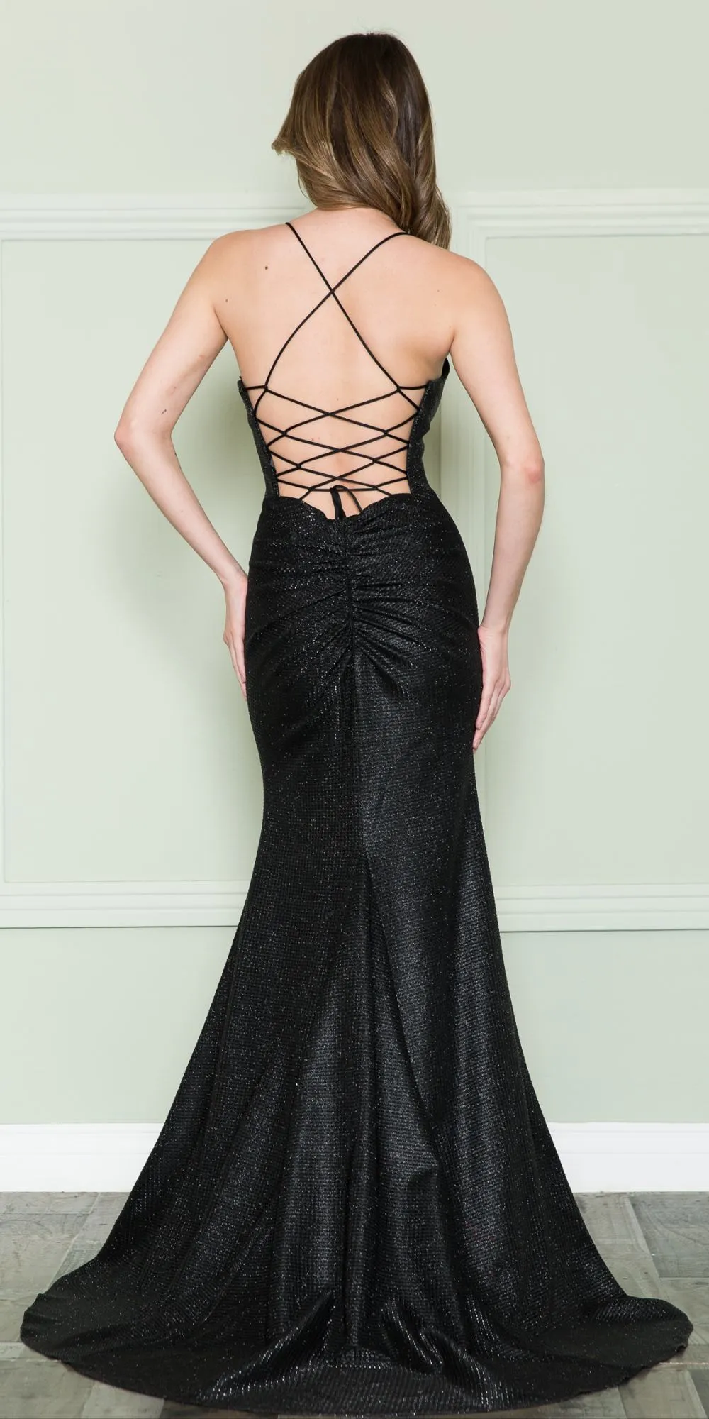 Poly USA 8878 Glitter Iridescent Open Slit Spaghetti Straps Square Neck Dress