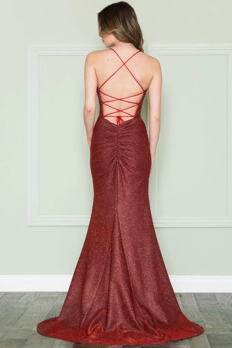 Poly USA 8880 Floor Length Open Skirt V-Neck Spaghetti Dress