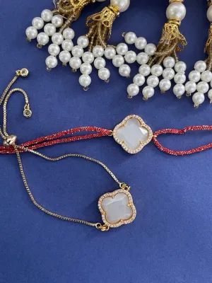 (Rakhi Set of 2) American Diamond Gold Plated Flower Bracelet & Thread Rakhi For Bhabhi-Brother