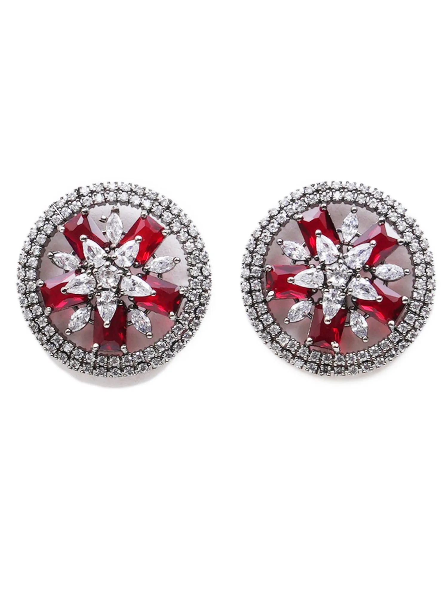 Red American Diamond Studded Floral Stud Earrings