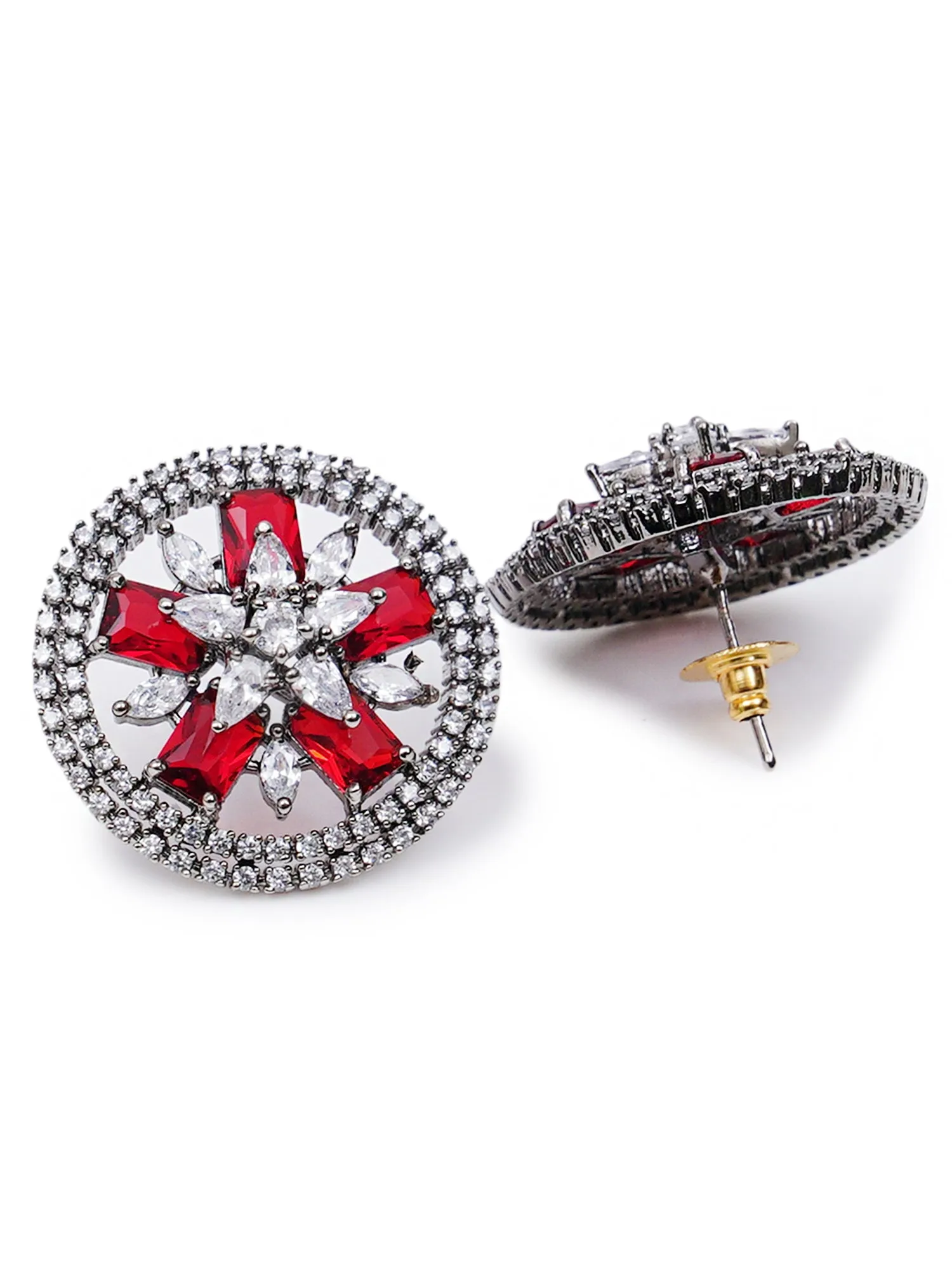 Red American Diamond Studded Floral Stud Earrings