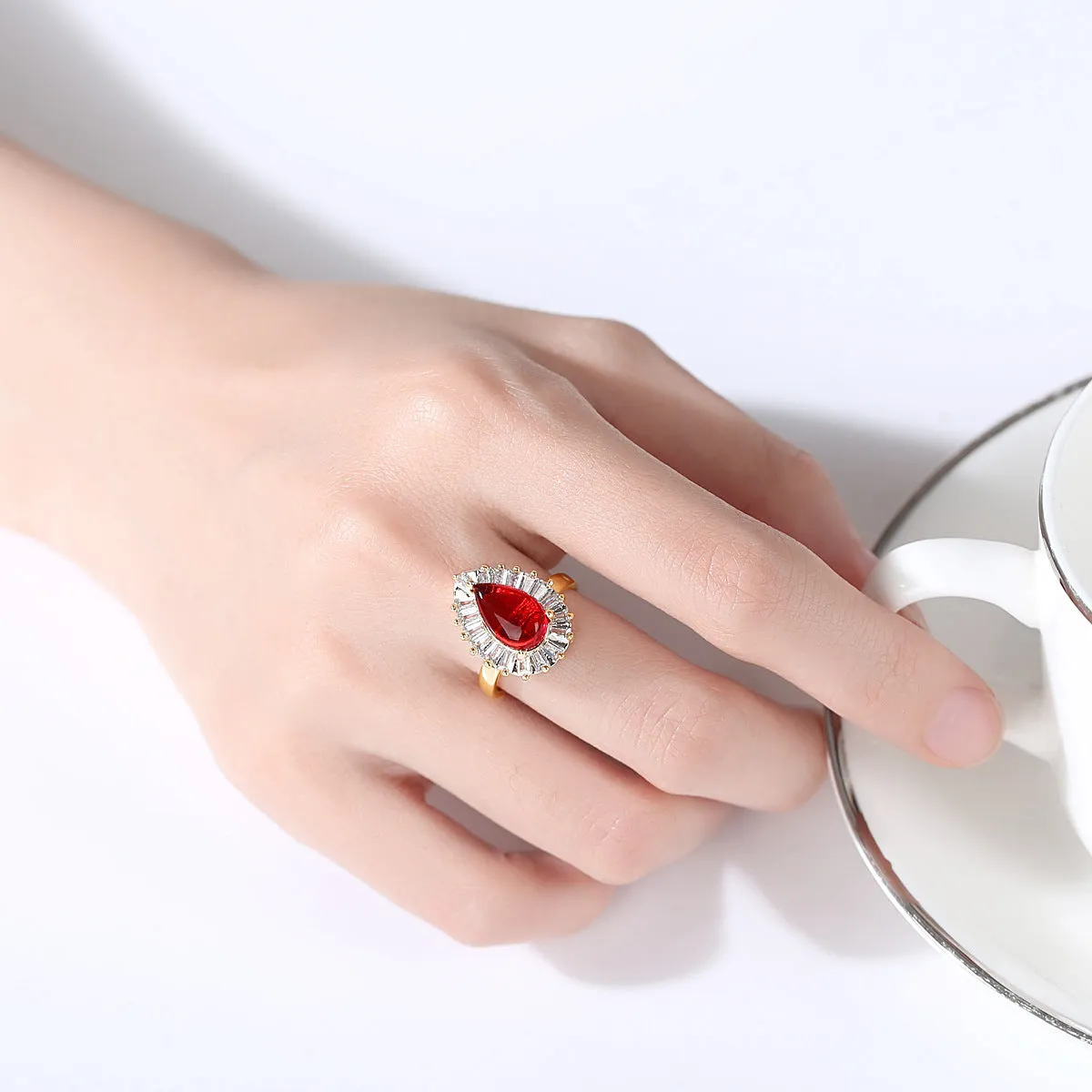 Red Crystal & 18K Gold-Plated Pear-Cut Ring