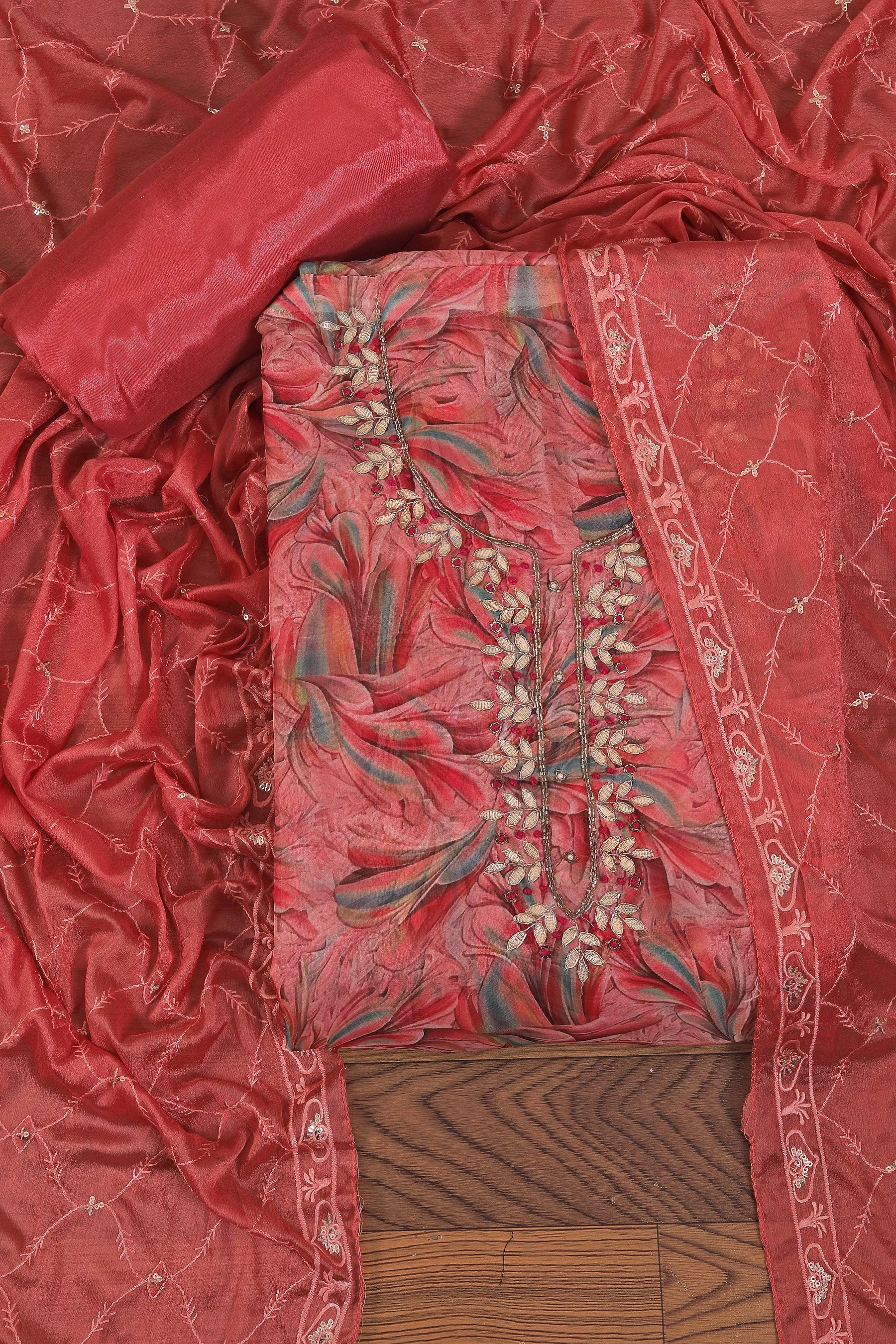Red Embellished Ethnic Motif Printed Organza Dress Material With Dupatta