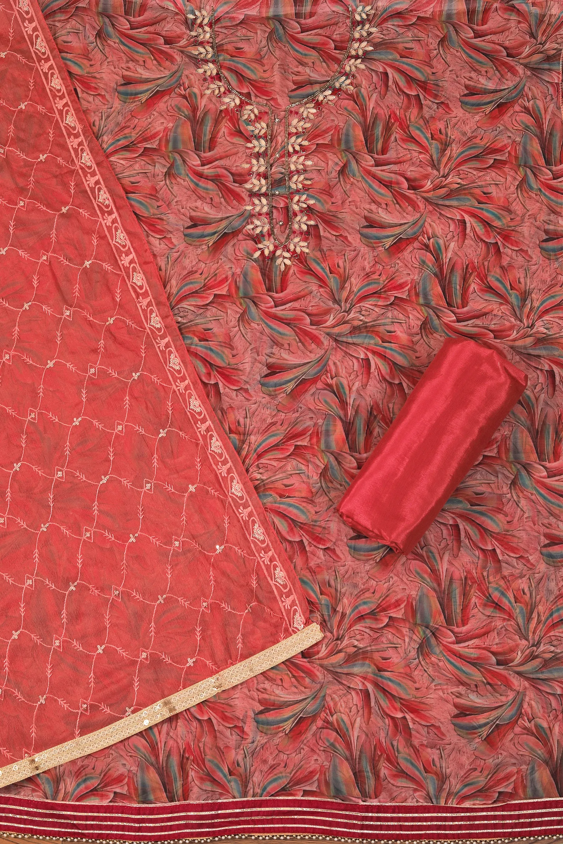 Red Embellished Ethnic Motif Printed Organza Dress Material With Dupatta