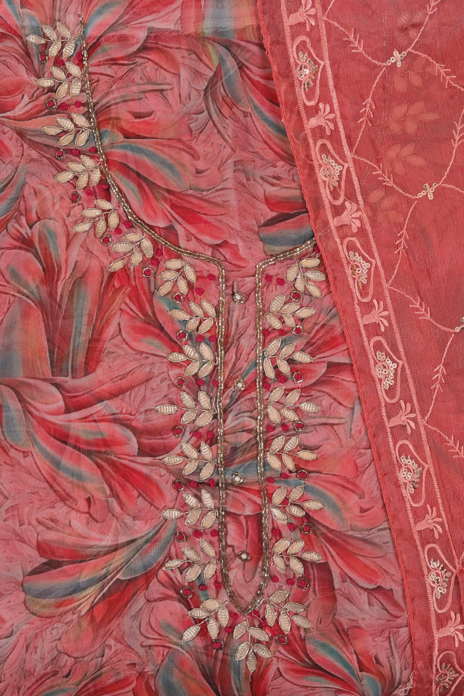 Red Embellished Ethnic Motif Printed Organza Dress Material With Dupatta