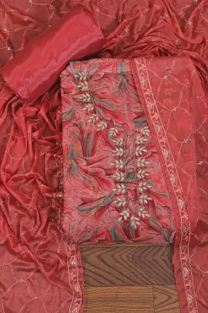 Red Embellished Ethnic Motif Printed Organza Dress Material With Dupatta