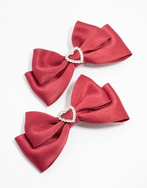 Red Fabric Bow with Diamante Heart Clip 2-Pack