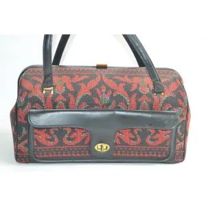 Red Flocked Tapestry Carry-All Handbag