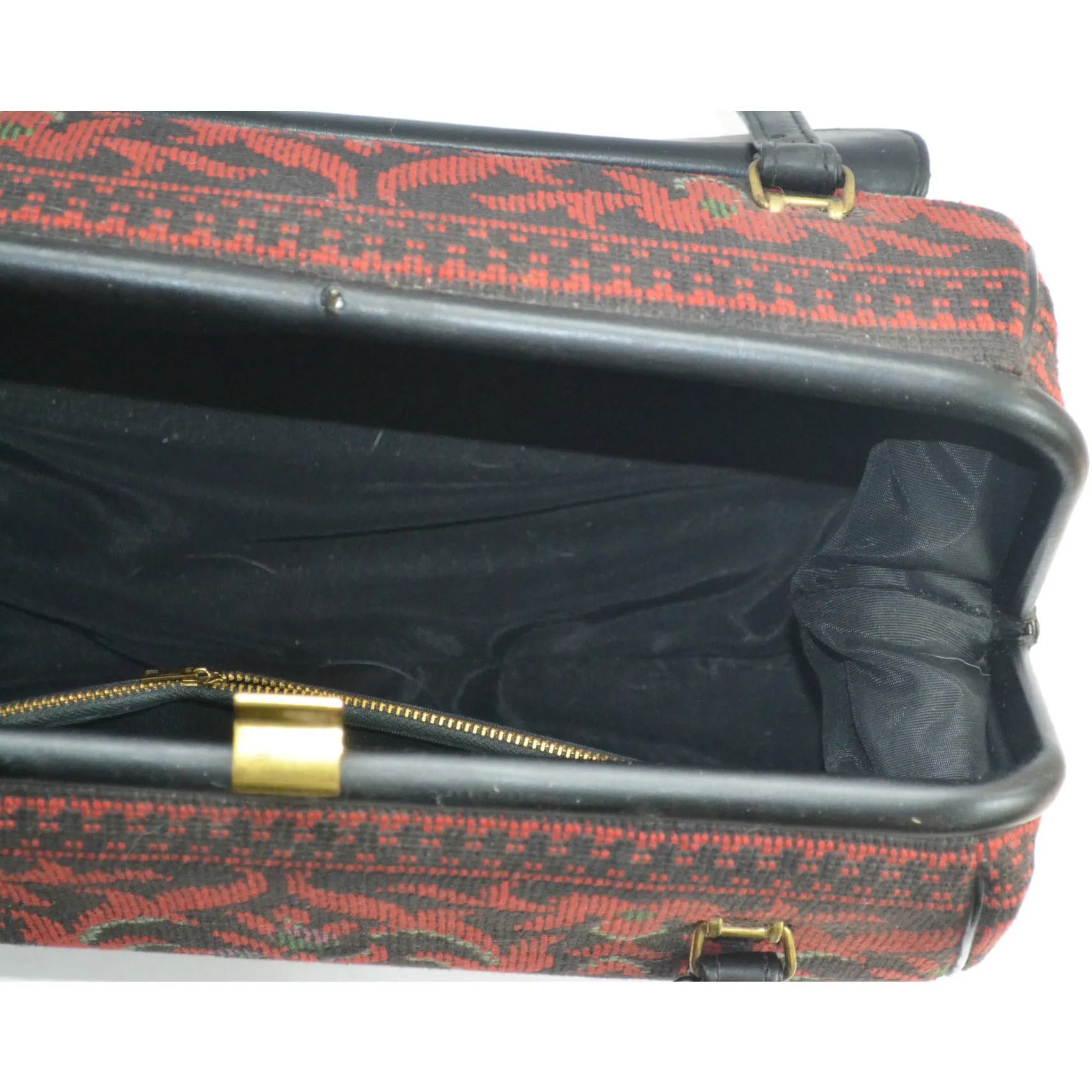 Red Flocked Tapestry Carry-All Handbag