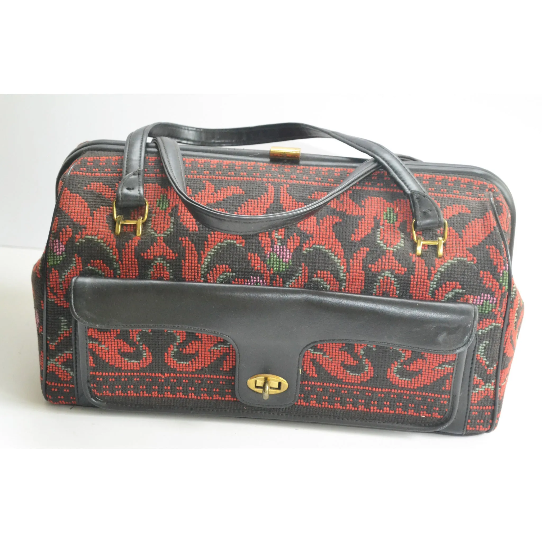Red Flocked Tapestry Carry-All Handbag
