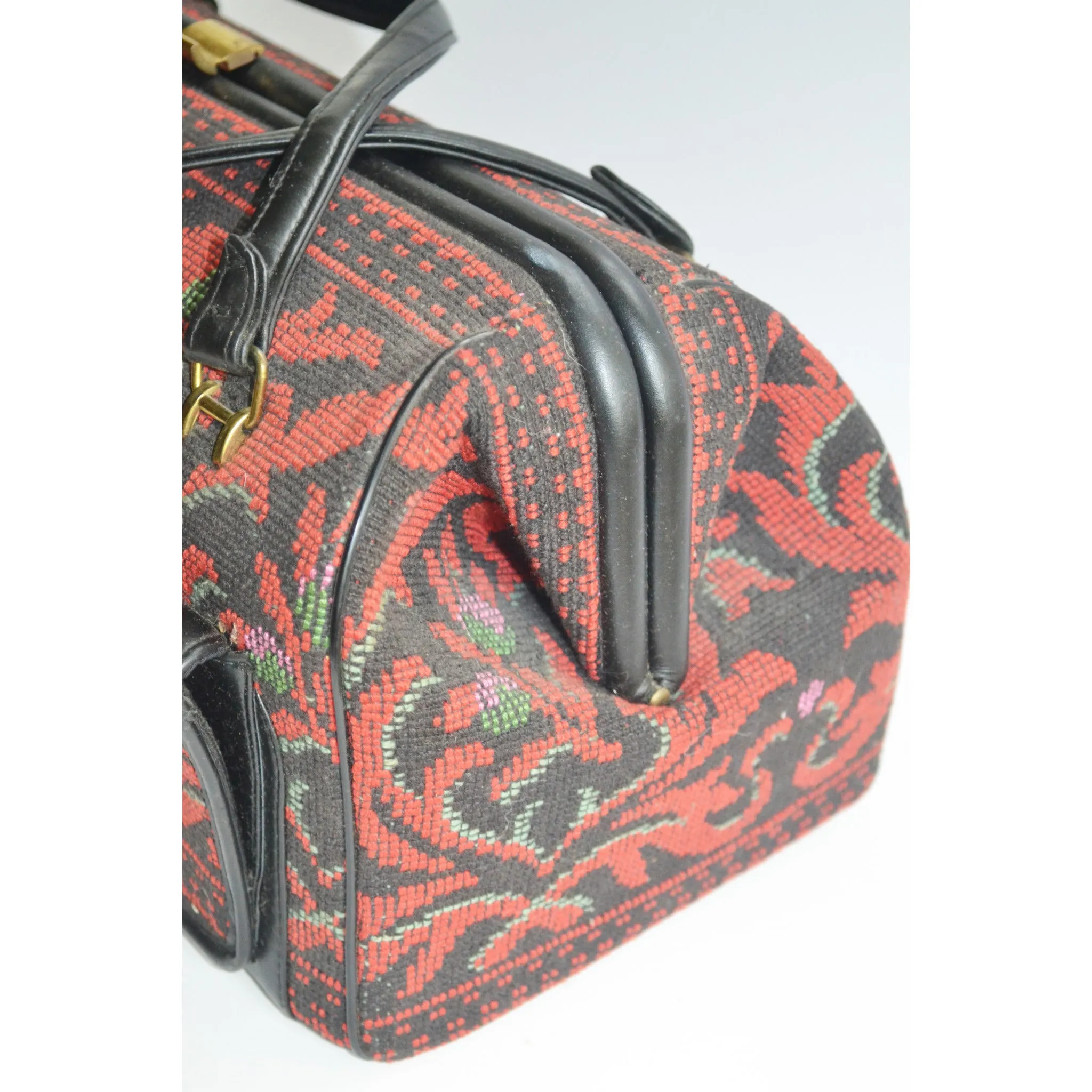 Red Flocked Tapestry Carry-All Handbag