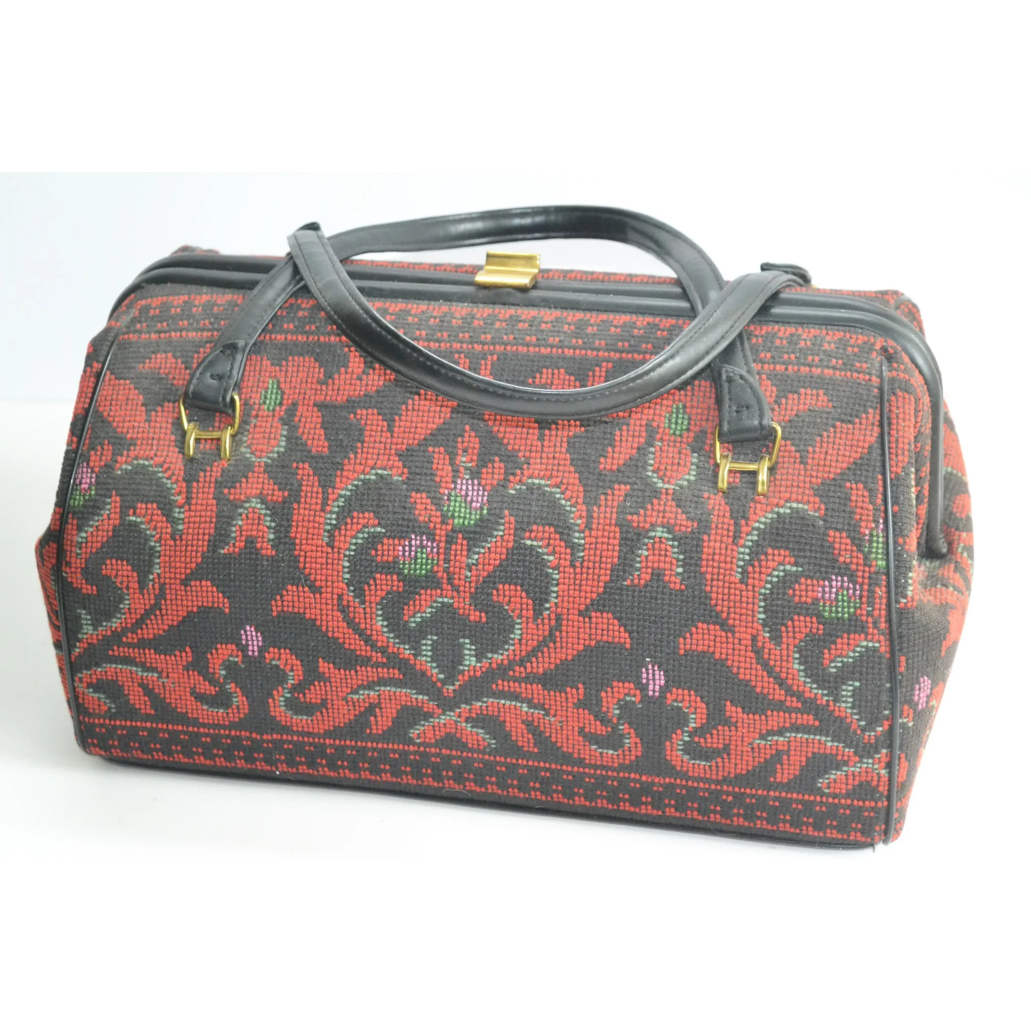 Red Flocked Tapestry Carry-All Handbag
