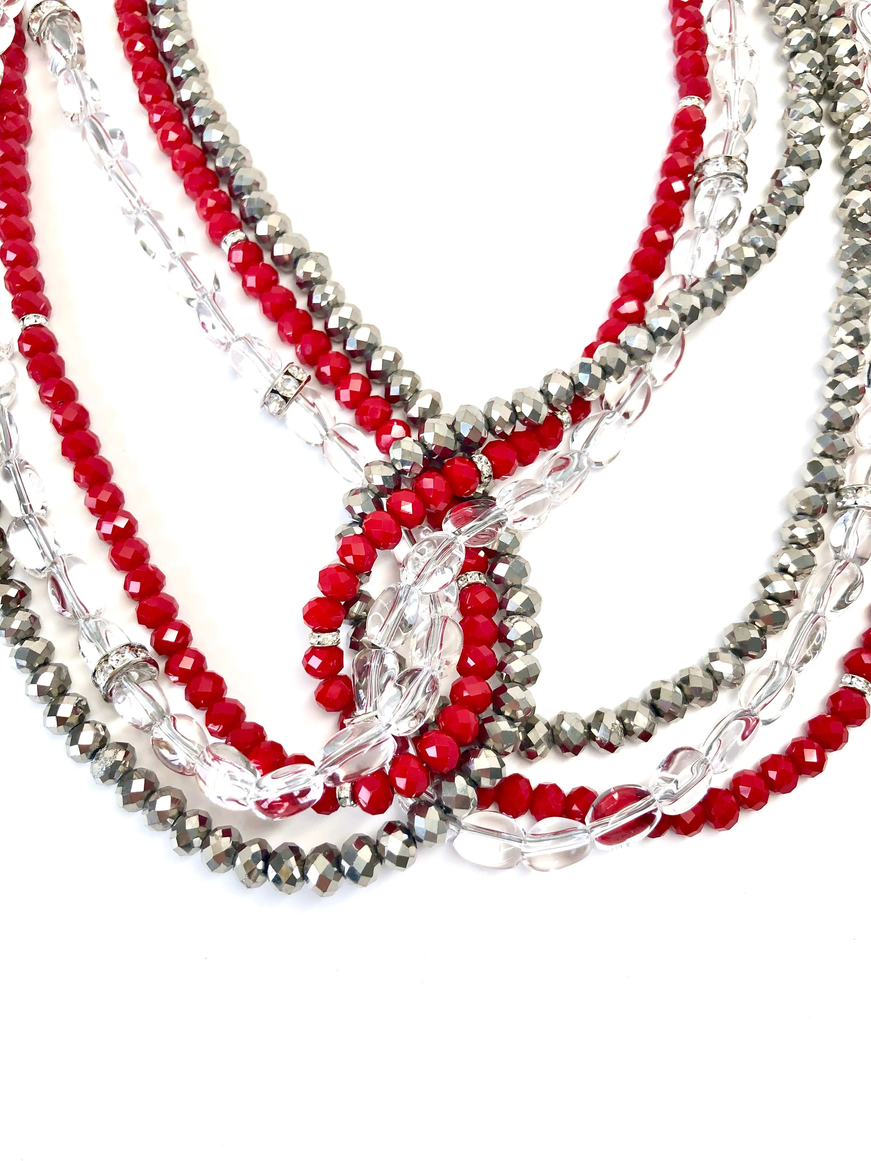 Red, Silver & Clear Quartz Triple Strand Twist Necklace